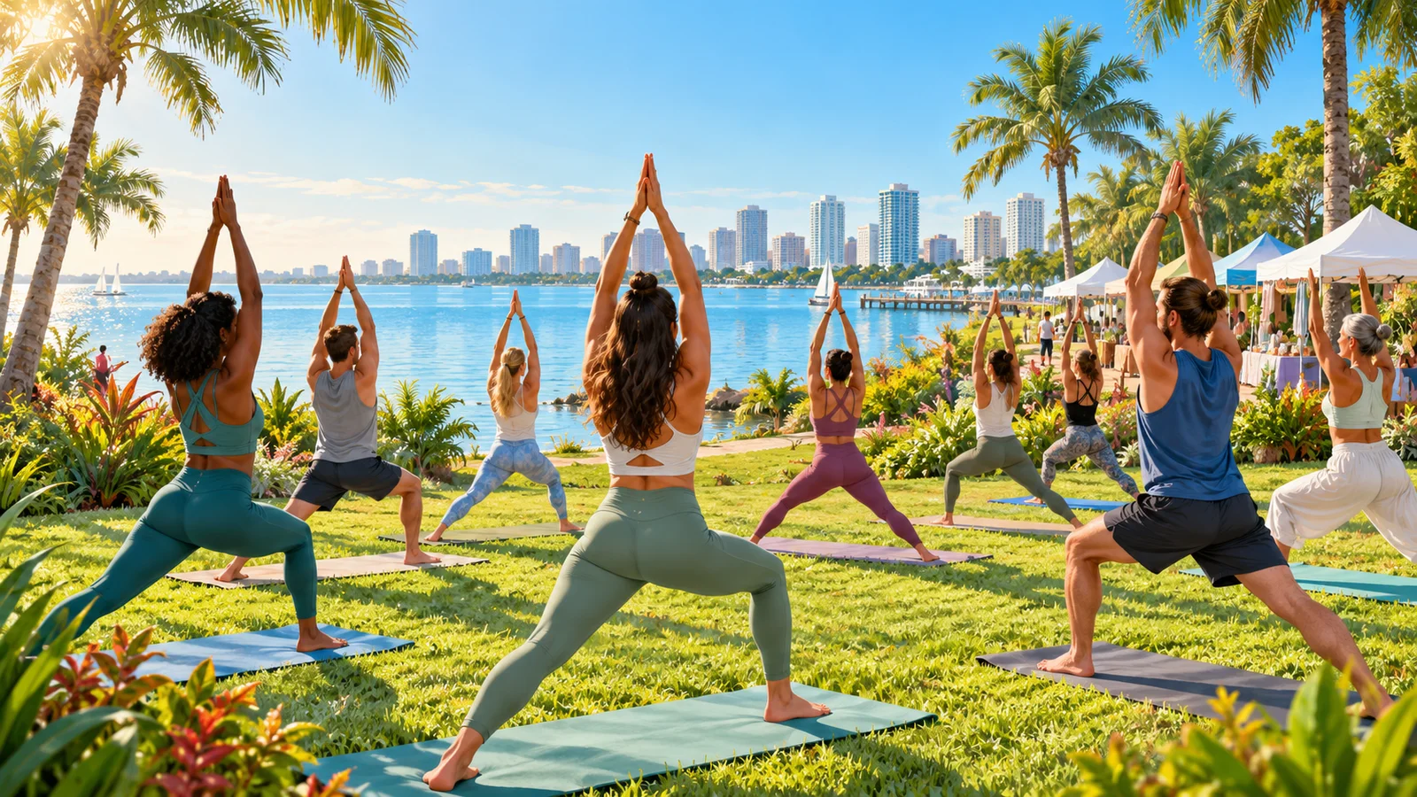 Original conceptual illustration of adults practicing yoga at a sunny Florida waterfront wellness festival