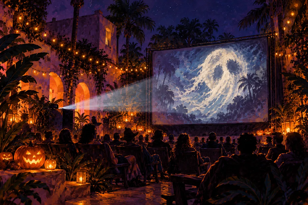 Original conceptual illustration of an outdoor Halloween short-film screening, not a photograph of the ArtsXchange, actual attendees or any participating film