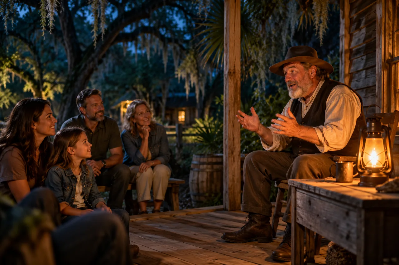 A storyteller on a wooden Florida porch shares a tale with modern-day visitors beside a glowing lantern under oak trees