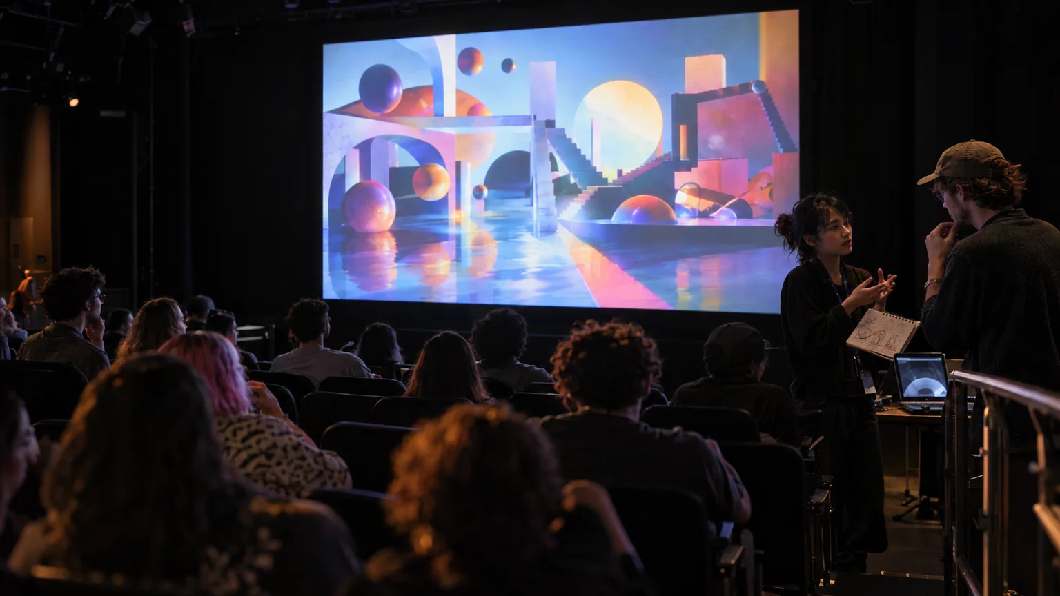 Animators and an audience watching a colorful original short film in a black-box theater