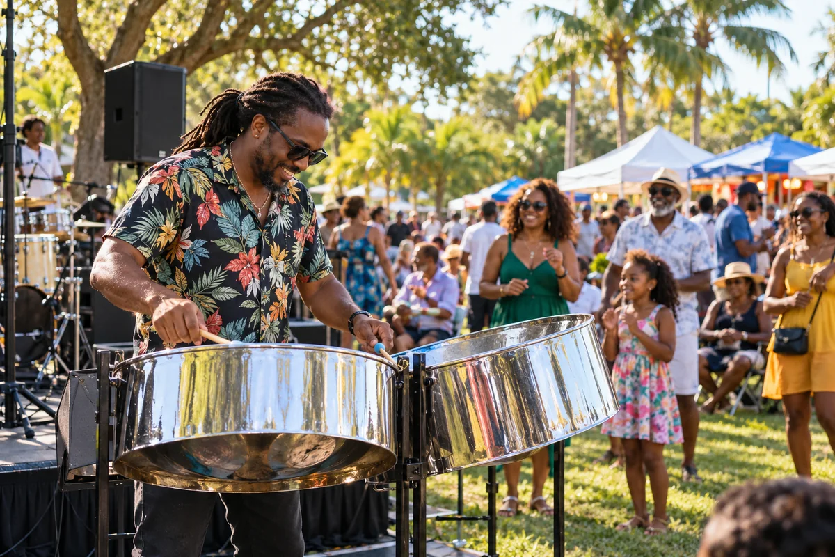 A steelpan musician performs beside vendor tents for a relaxed community audience in a sunny Florida park
