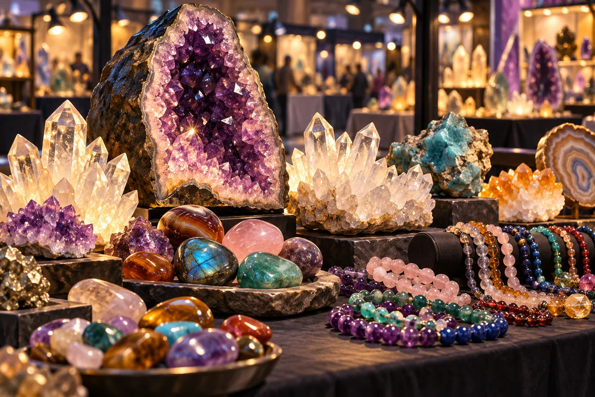 Original conceptual illustration of gems, mineral specimens and beads at an indoor show, not a photograph of the Fairgrounds event or its actual merchandise