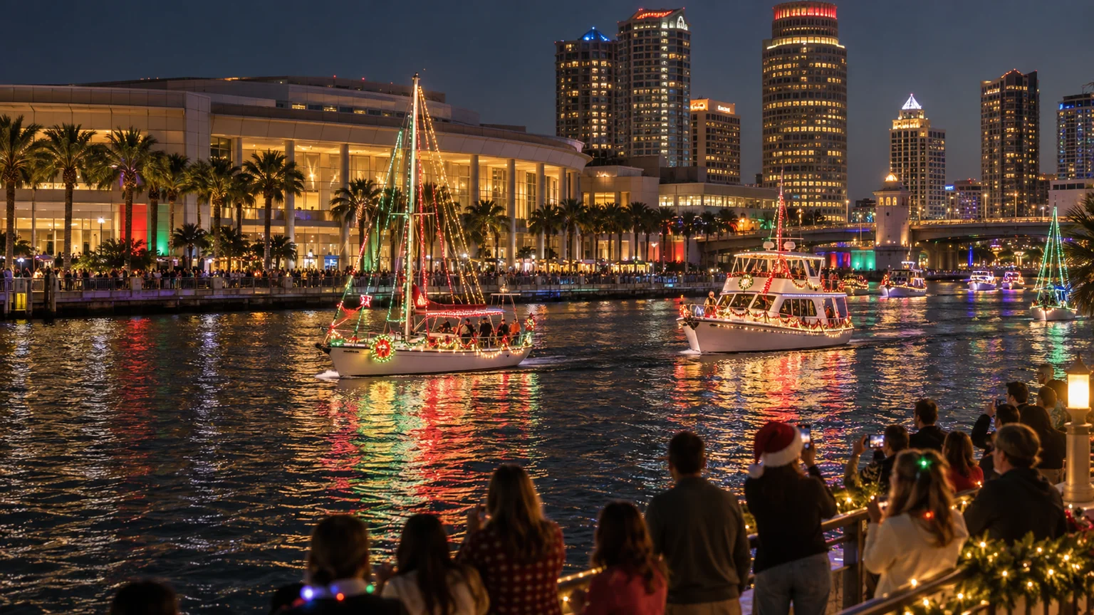 Holiday-lit boats parading past downtown Tampa as crowds watch from the Riverwalk