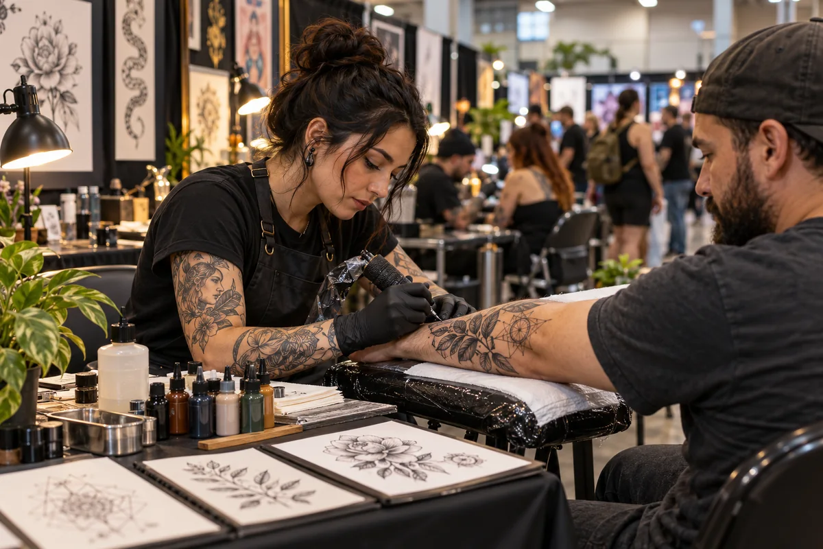 A tattoo artist wearing black gloves works on an adult client's forearm at a convention booth lined with botanical tattoo designs
