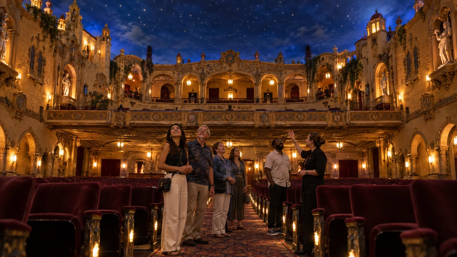 Visitors admiring the starry ceiling and ornate arches inside Tampa Theatre