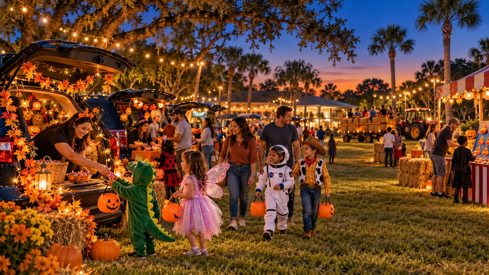 Original illustration of families visiting decorated trunk-or-treat stations, carnival games and a hay wagon on a Florida recreation lawn at dusk