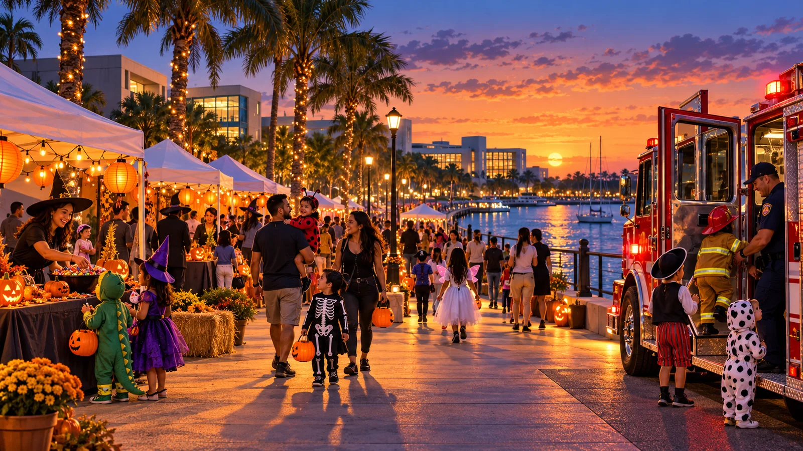 Original illustration of costumed families visiting festival tents and a fire truck beside a campus harbor promenade
